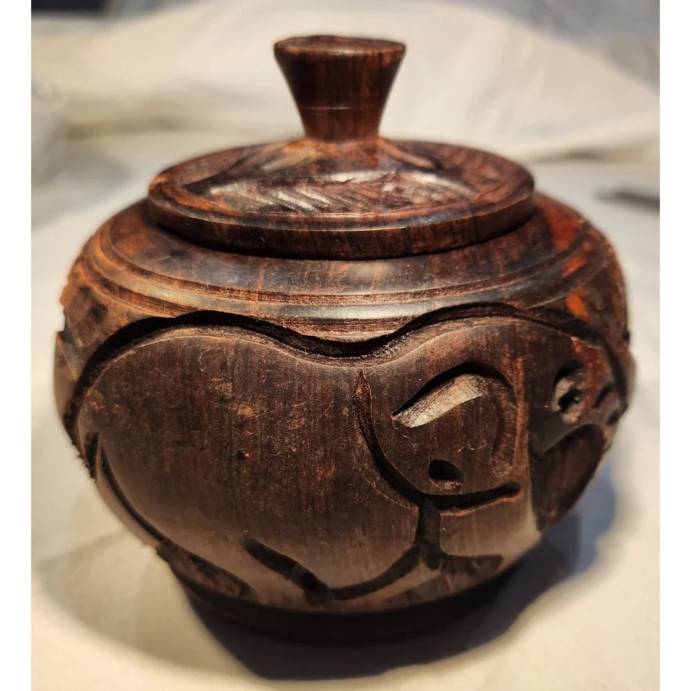 Vintage African Wooden Spice Jar Round Handmade Elephants Approx. 3